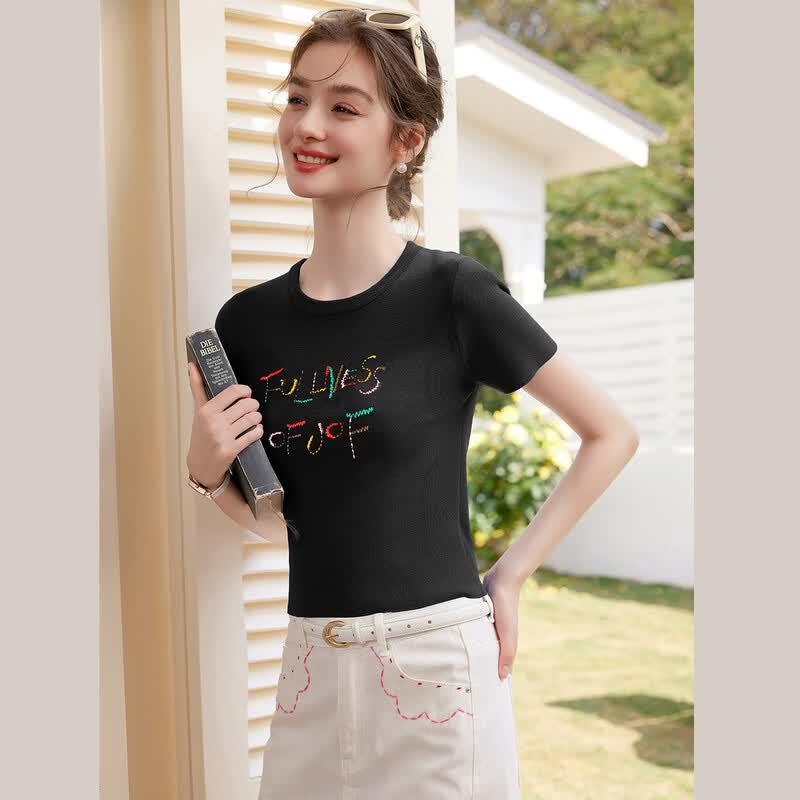 Women's Embroidered Slim Fit Short Sleeve Knit Top