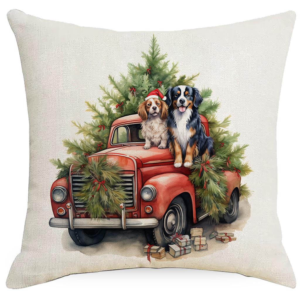 New Christmas Pillowcase Vintage Red Truck Cute Dog Christmas Tree Print Cushion Cover