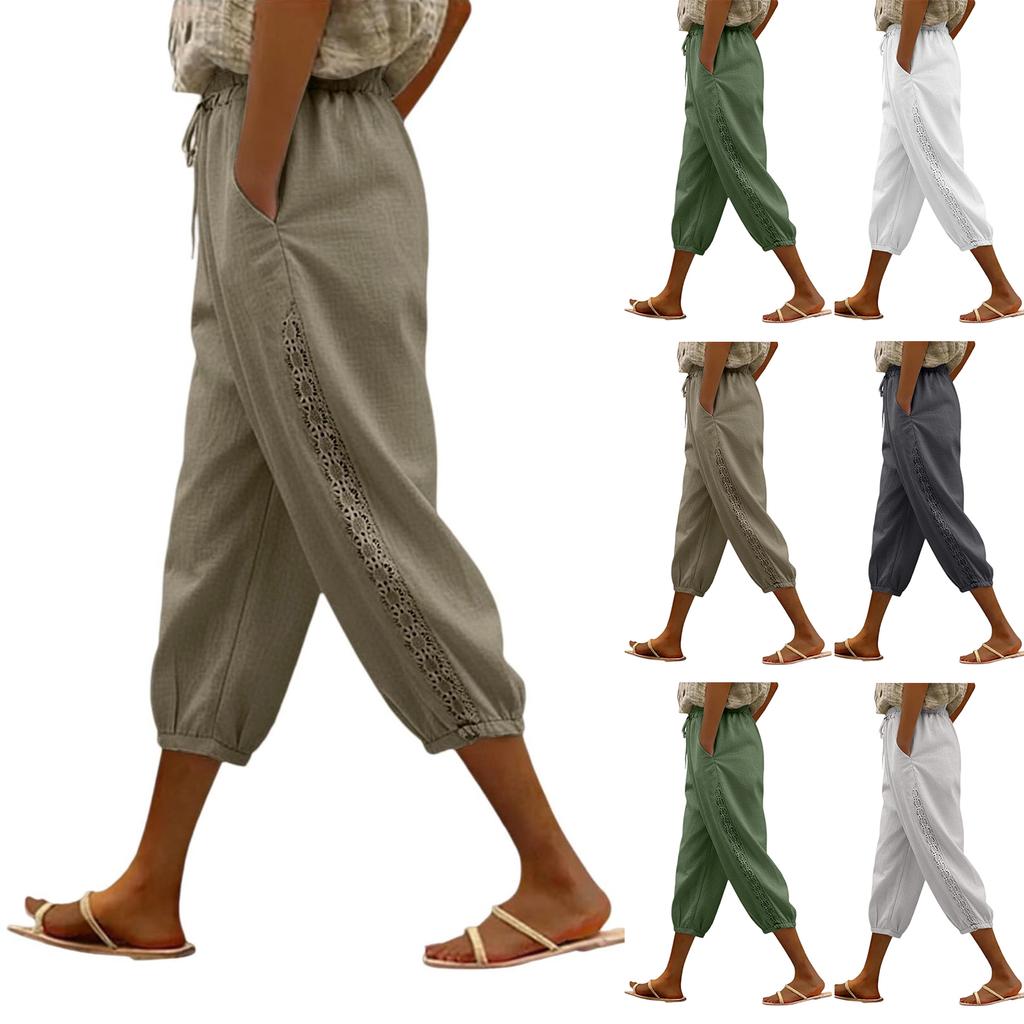 Damen Baggy Baumwoll-Leinenhose Elastischer Bund Lässig Locker Sommer Strandurlaub Hose