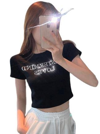 Internet Celebrity Bottoming Shirt High Waist Navel Short Top Women's Hot Diamond Letter Slim Summer Short Sleeve T-shirt Women Ins Tide