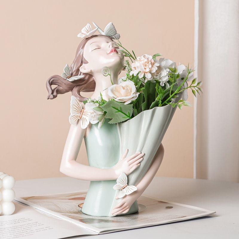 Nordic Girl Holding Vase with Artificial Flowers, Elegant Artistic Resin Home Decor Statue for Living Room, Entryway & TV Cabinet