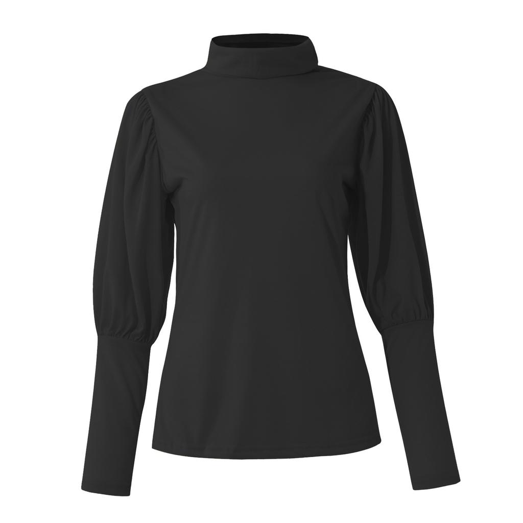 Women's Color Puff Sleeve Loose Cover Up Turtleneck Casual Blouse Tops