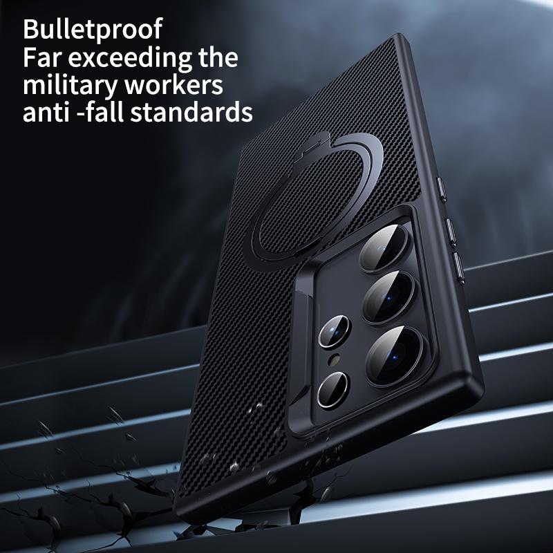 For Samsung Galaxy S24 Ultra Magnetic Case Carbon Fiber Texture Ring Kickstand Phone Cover