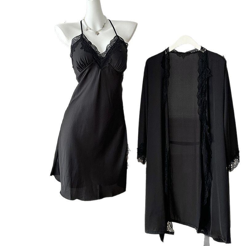 Women's Summer Ice Silk V-Neck Camisole Nightgown Set – Sexy, Solid Color, Slit Design, Two-Piece Luxury Homewear