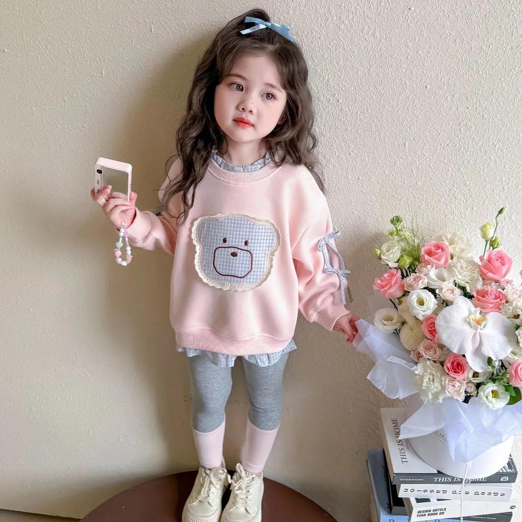 Höst Koreansk Stil Flickors Patchwork Sweatshirt & Leggings Set