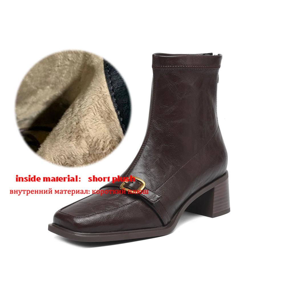 Krazing Pot Mikrofaser Eckige Zehenpartie Dicke Absätze Chelsea Boots Größe 42 Reißverschluss Damen Metallschnalle Elastische Stiefeletten