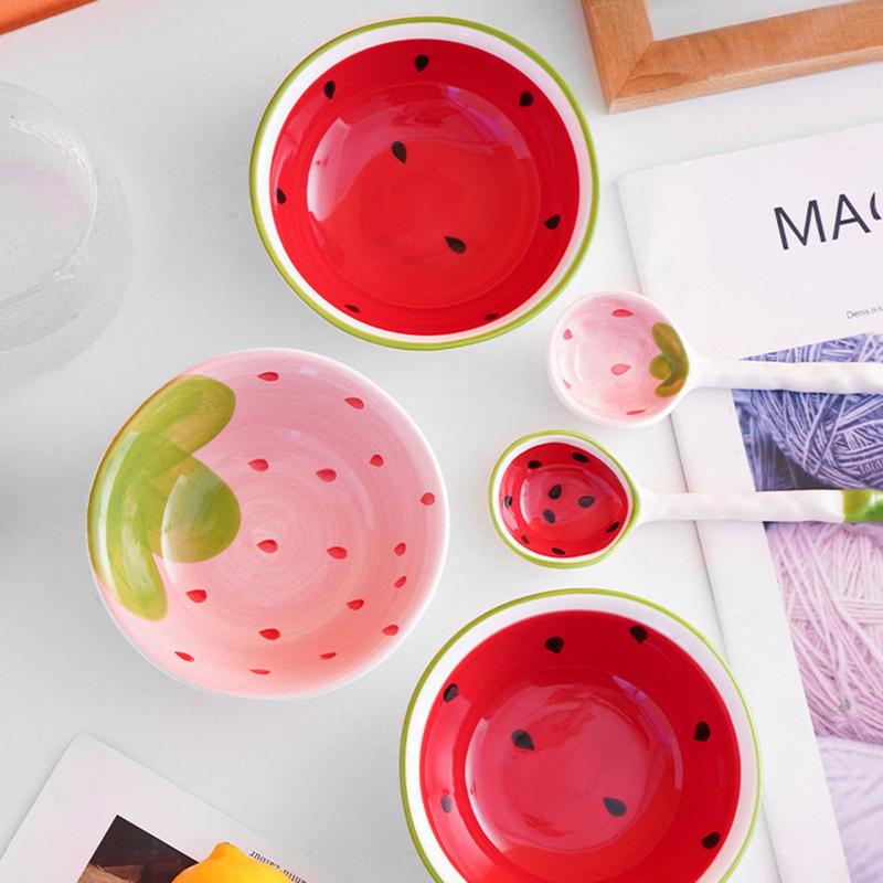 Υπέροχο Μπολ σε Σχήμα Φράουλας Καρπουζιού Κουτάλι Κεραμικά Κουτάλια για Δημητριακά Κουτάλια για Σούπα Ράμεν Μοτίβο Φρούτων Μπολ Σερβιρίσματος Κουτάλι