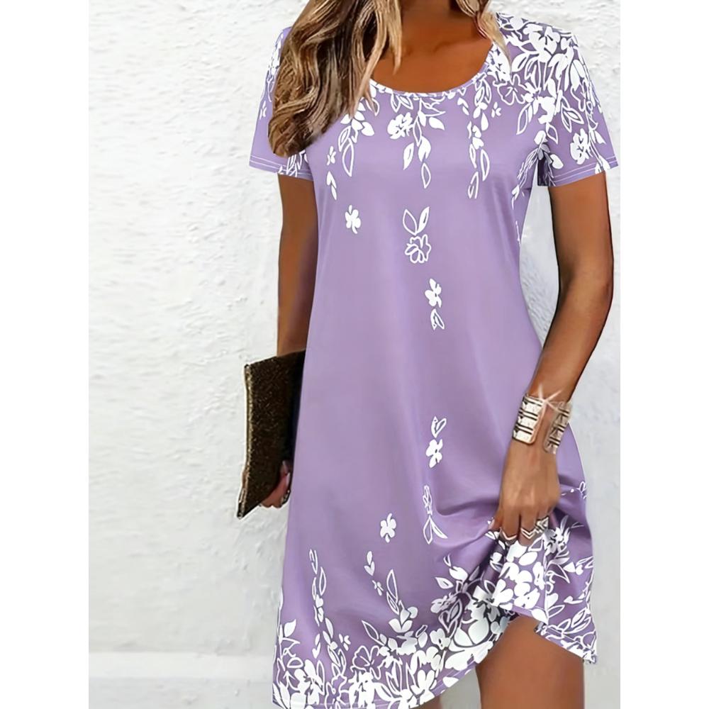 Damen Casual Blumenmuster Minikleid Vintage Rundhals Kurzarm Modisch Boho Freizeitkleider