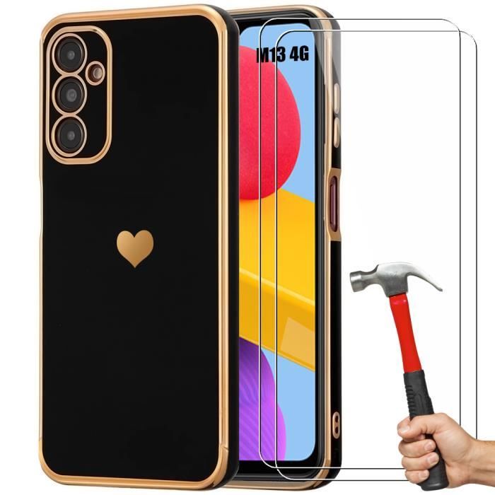 Case for Samsung Galaxy M13 - Luxury - Shockproof - Heart Pattern - 2 Tempered Glasses - Black