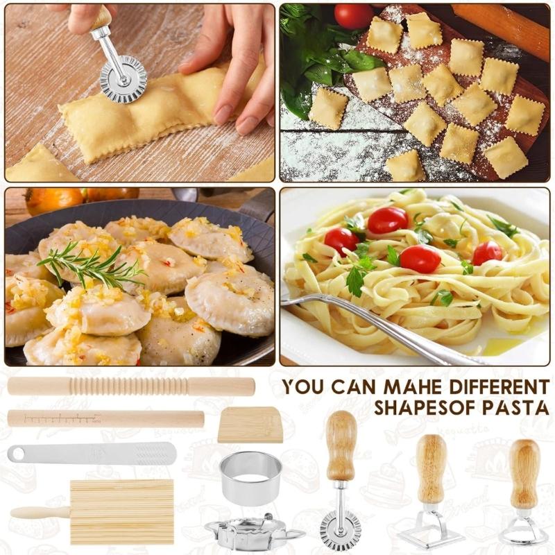 Wood Threaded Rolling Pin Pastas Tool Set Dough Scraper Gnocchi Board Dumpling Maker Ravioli Stamp Cutter Wood Texture