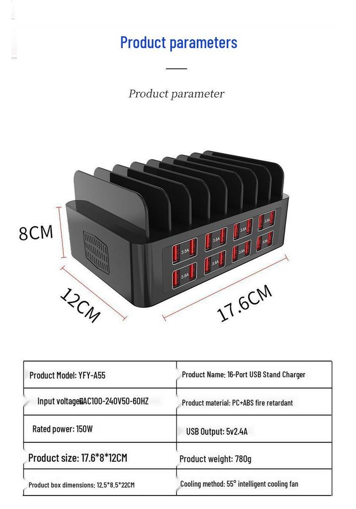 Multi-functional 150W High Power USB Charger with Stand - 7 & 16-Port Phone Holder
