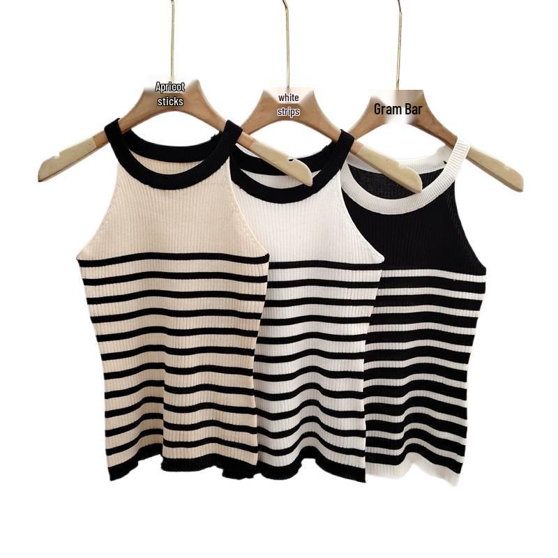 Women's Halterneck Striped Ice Silk Knit Camisole - Sleeveless Top, Covers Armpit Fat, Ideal Summer Outerwear