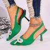 Plus Size Women Pointed Toe Pearl Bow Stiletto Buckle Back Strap High Heel Sandals