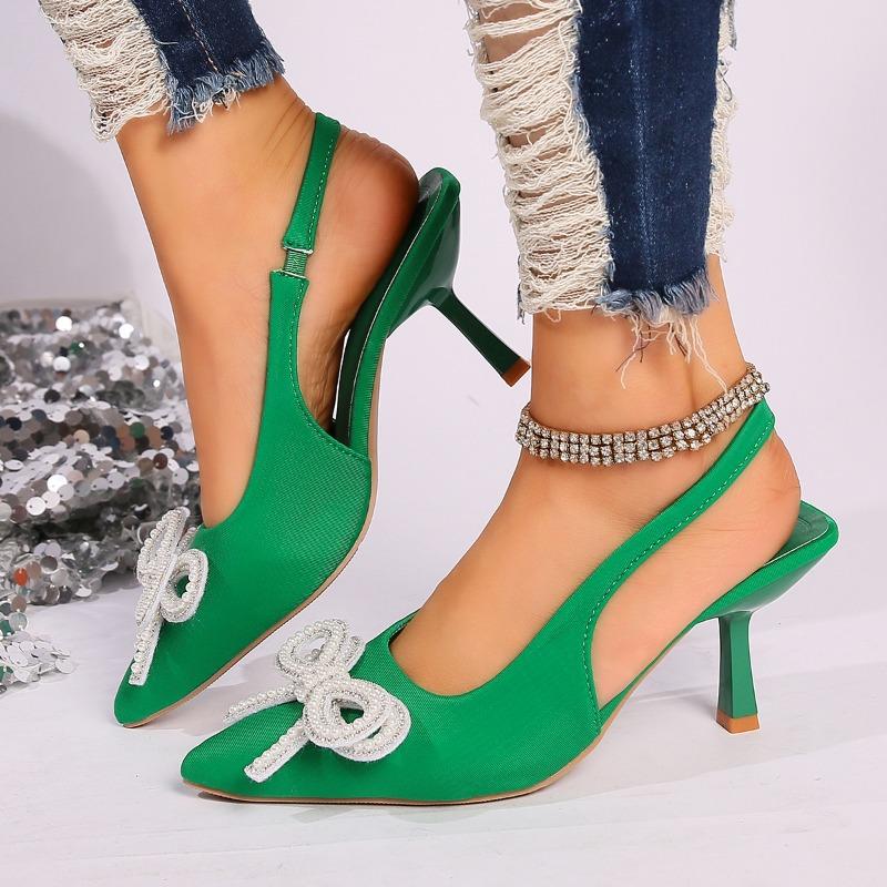 Plus Size Women Pointed Toe Pearl Bow Stiletto Buckle Back Strap High Heel Sandals