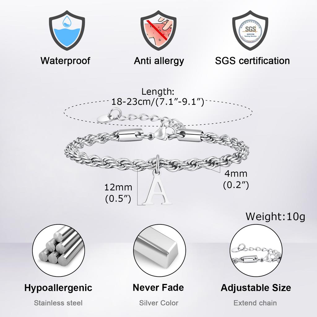 Initials Rope Chain Bracelets for Men Boys,Alphabet A-Z 26 Letters Stainless Steel Chain Link Wristband,Character Jewelry Gifts