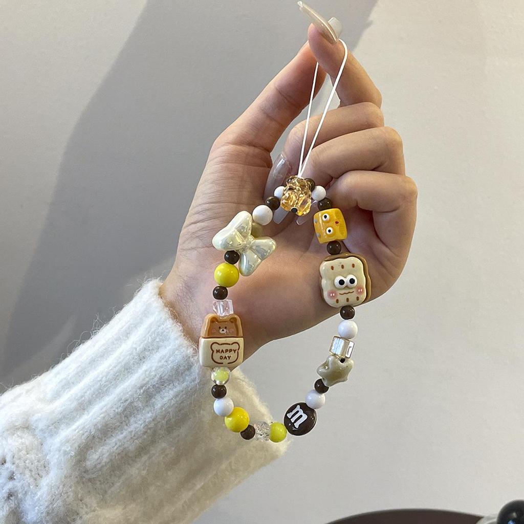 Ins-Style Cartoon Bear Toast Phone Lanyard: Cute Beaded Anti-Lost Pendant & Camera Charm