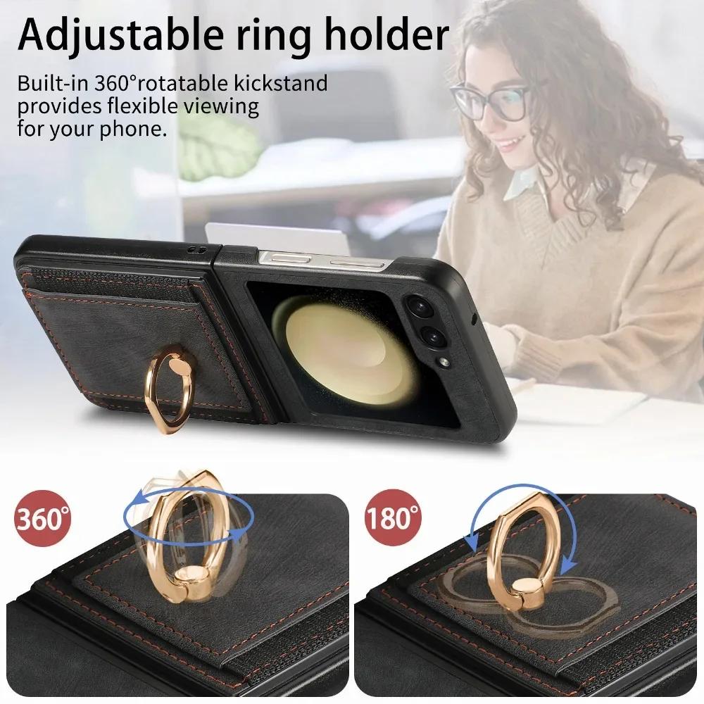 Retro PU Leather Cover for Samsung Z Flip 6 5 4 3 2 Flip6 Flip5 Flip4 Flip3 Flip2 5G Ring Card Slot Holder Wallet Phone Case