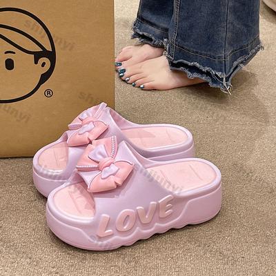 Women's One Word Slippers 2025 Summer Outdoor Platform Bow-knot Flats Indoor Non Slip Comfortable Slip On Cold Slippers