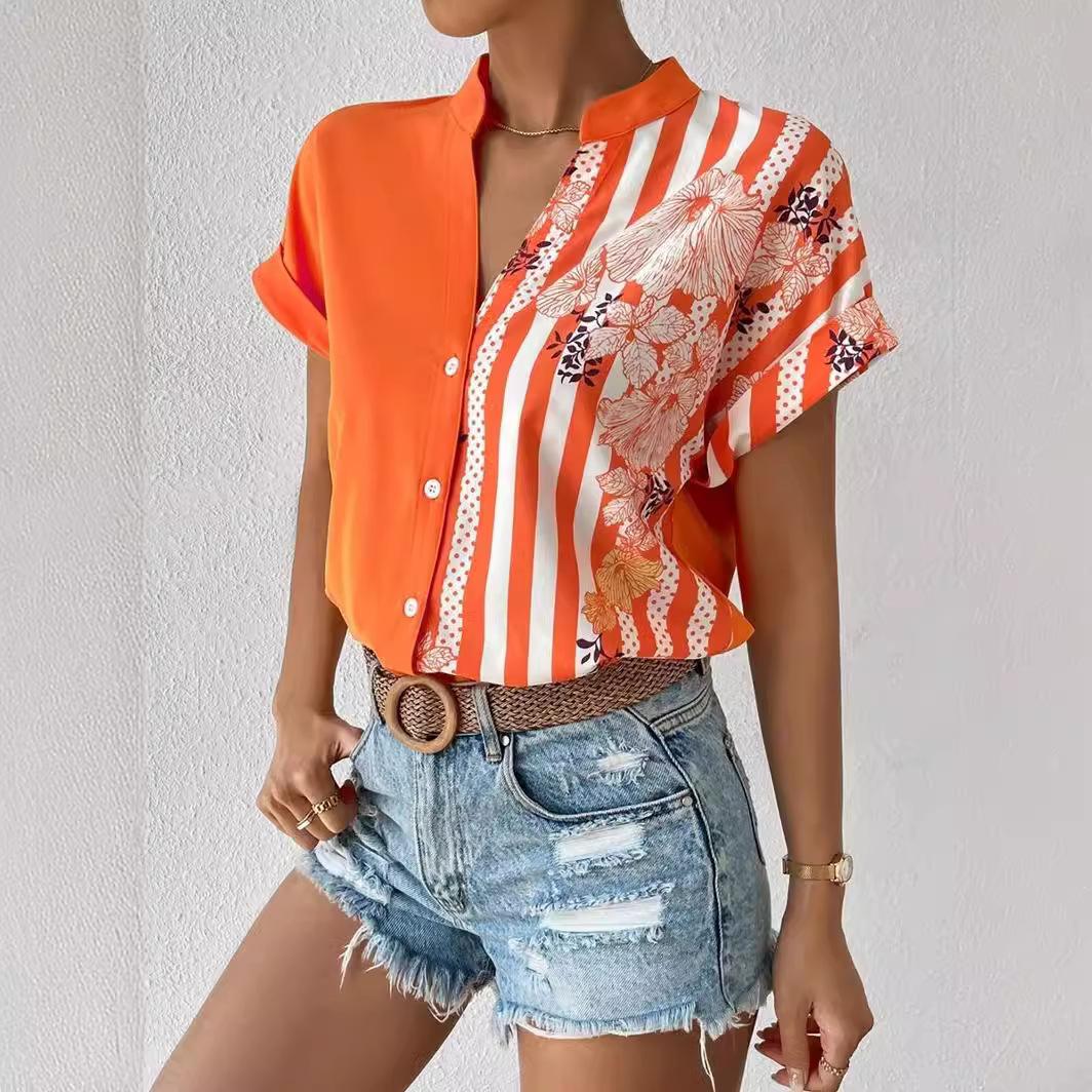 

Женский новый летний кардиган с двойным контрастом и цветочными пуговицами, рубашка с короткими рукавами, повседневные модные рубашки с v-образным вырезом для женщин S оранжевый
