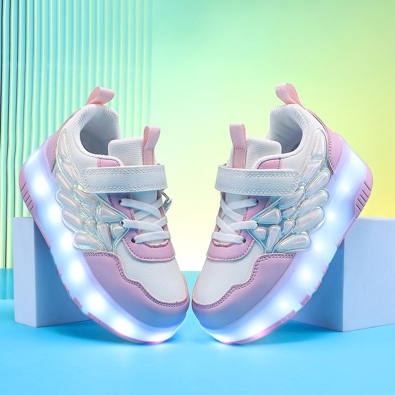 

Дитяче взуття на липучках, швидкі чотириколісні роликові кросівки з колесами, спортивне взуття, USB-зарядка, світлодіодне світло, що світиться, спортивне взуття, дівочі роликові ковзани 39 білий/рожевий