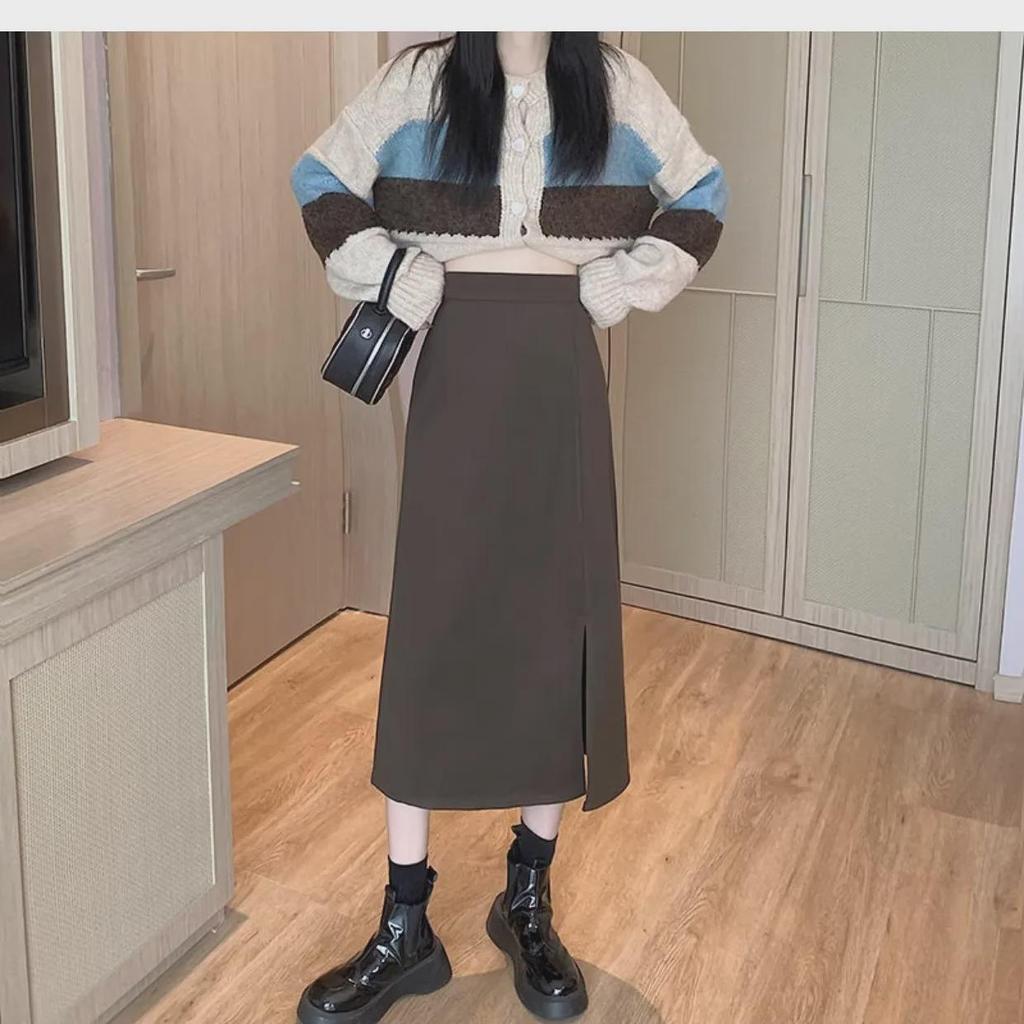 High Waist A-Line Women's Midi Skirt with Slit - 2024 Spring Korean Fashion