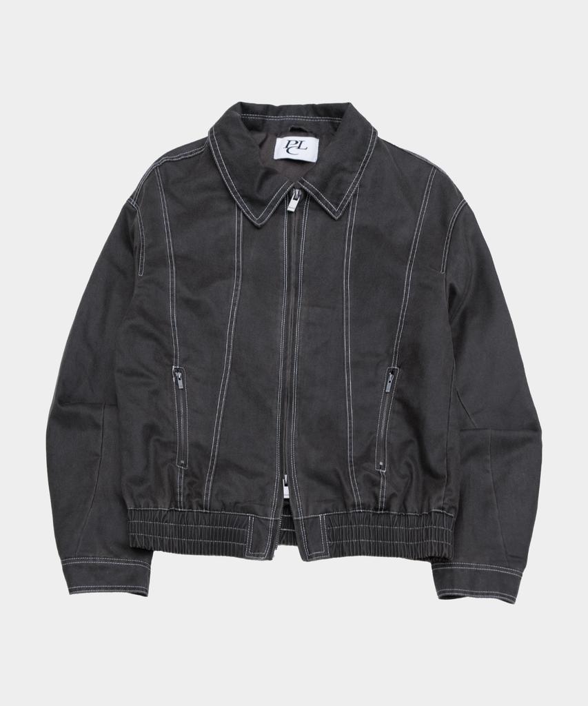 Placestudioman Stitch Point Standard Collar Leather Crop Blouson Long Sleeve Jacket_2 Colors