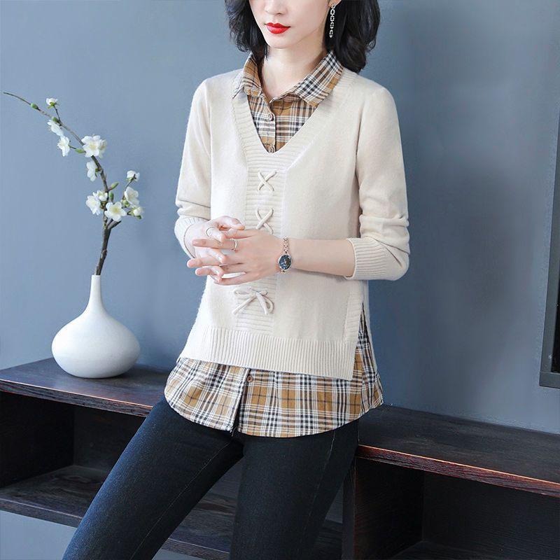 New Spring and Autumn Fashion Korean Edition Spliced Fake Two Piece Shirt Collar Top Loose and Versatile Women's Knitted Sweater