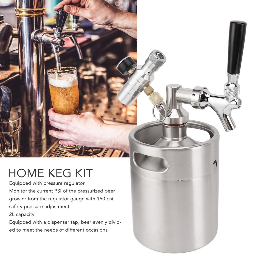 Mini Keg Growler 2L 150PSI Portable Pressurized Stainless Steel Home Keg System Beer Dispenser for Homebrew