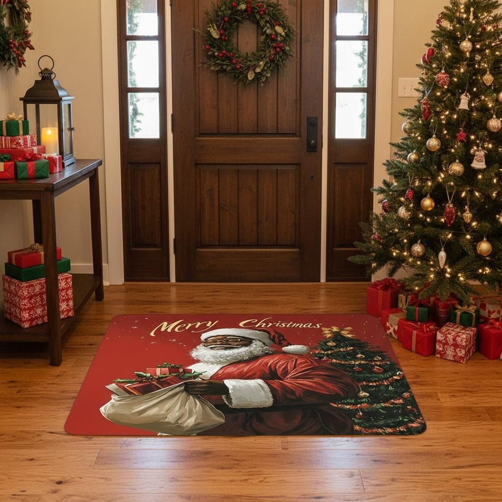 1pc Vintage Santa Claus Christmas Welcome Doormat, Non‑Slip Absorbent Floor Mat for Home Entryway, Holiday Home Decor