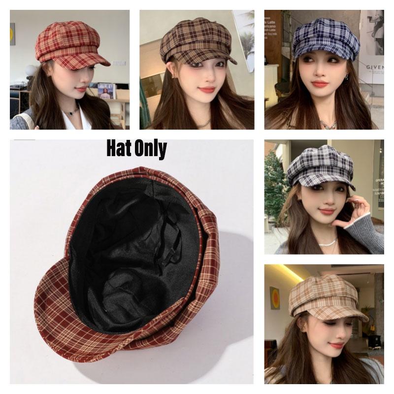 Vintage karierter achteckiger Hut für Damen Herbstmode Trendiges Barett Vielseitige lässige Schirmmütze