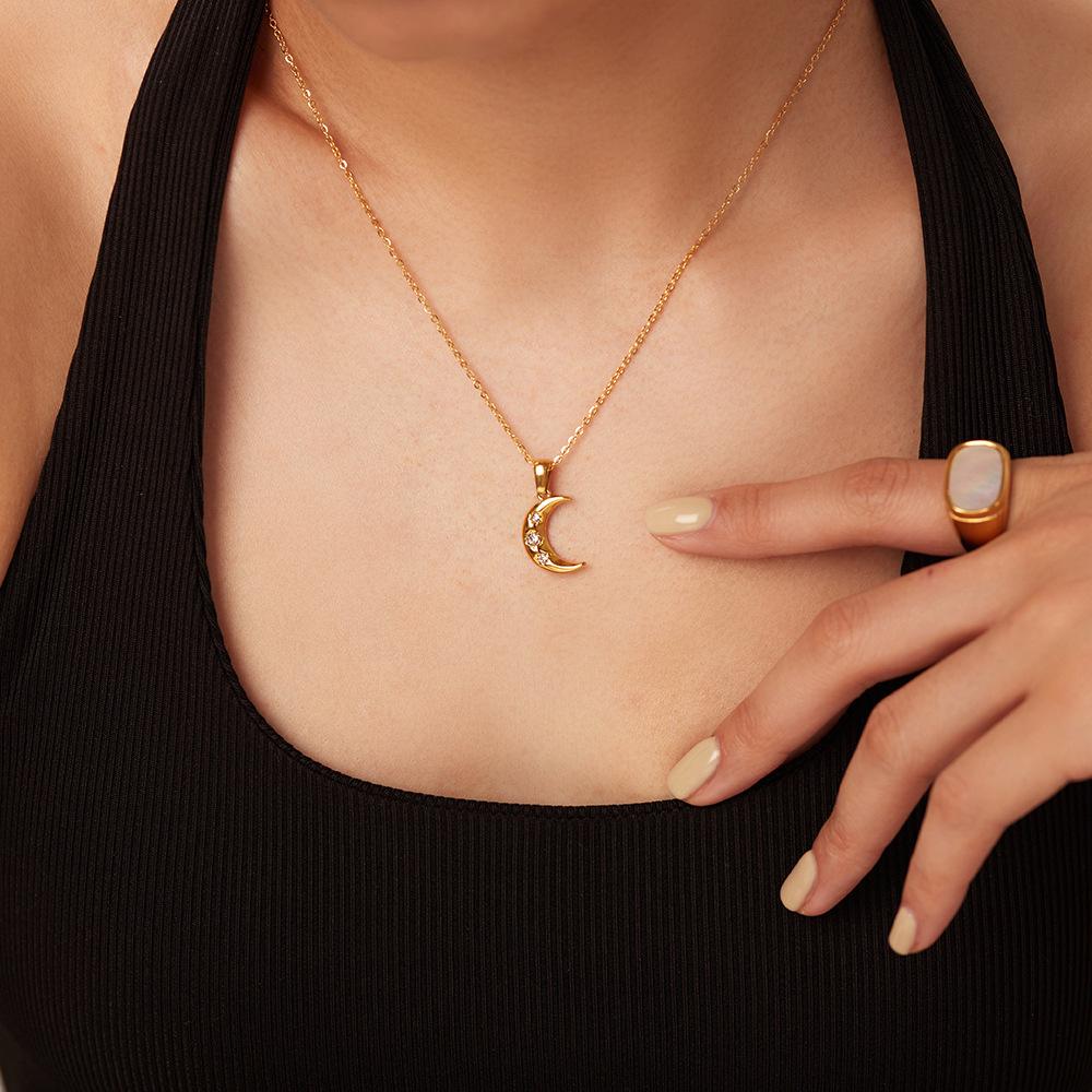 18K Gold Plated Stainless Steel Necklace Set with Triple Zircon Moon Pendants - Women's European/American Influencer Style