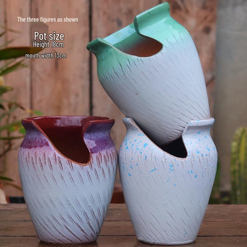 Handmade Coarse Pottery Wide-Mouth Flower Pot - Ceramic Zisha Succulent Planter with Rustic Cut-Edge Design for Chlorophytum