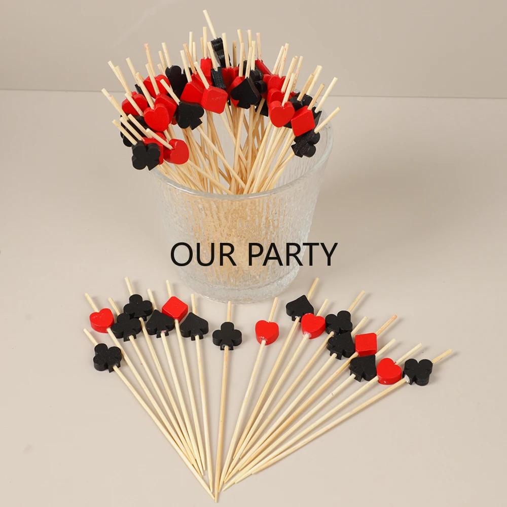 

100Pcs Las Vegas Poker Theme Bamboo Food Cocktail Pick Casino Playing Card Fruit Forks for Boy Birthday Game Night Party Decor