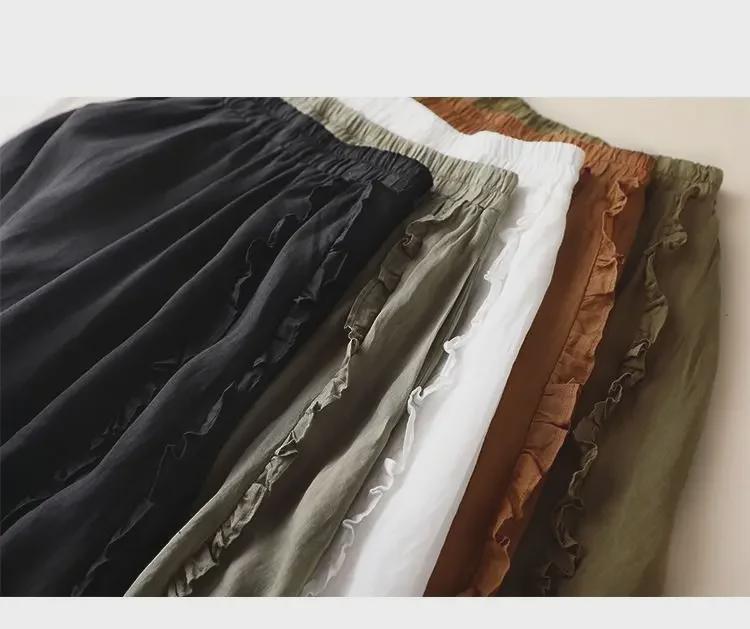 Jupe trapèze taille haute tendance en coton et lin: Mi-long avec bords volantés pour une coupe drapée et amincissante.