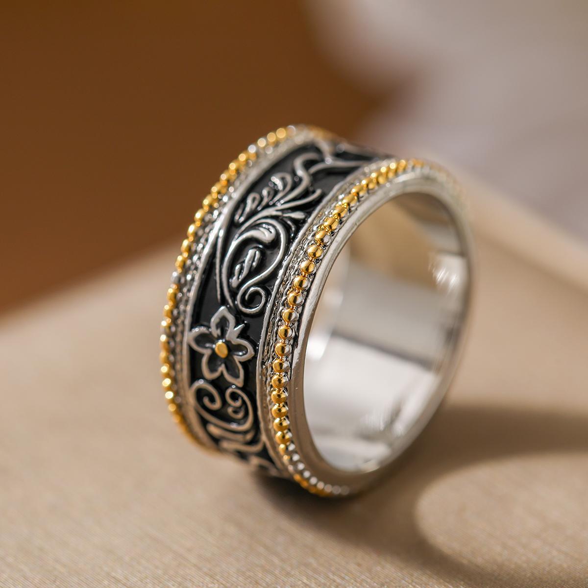 Vintage zweifarbiger Blumen schnitzerei Ring Kupfermaterial Boho ethnischer Stil Damen Mode Schmuck Ring Geschenk Zubehör 8 gray
