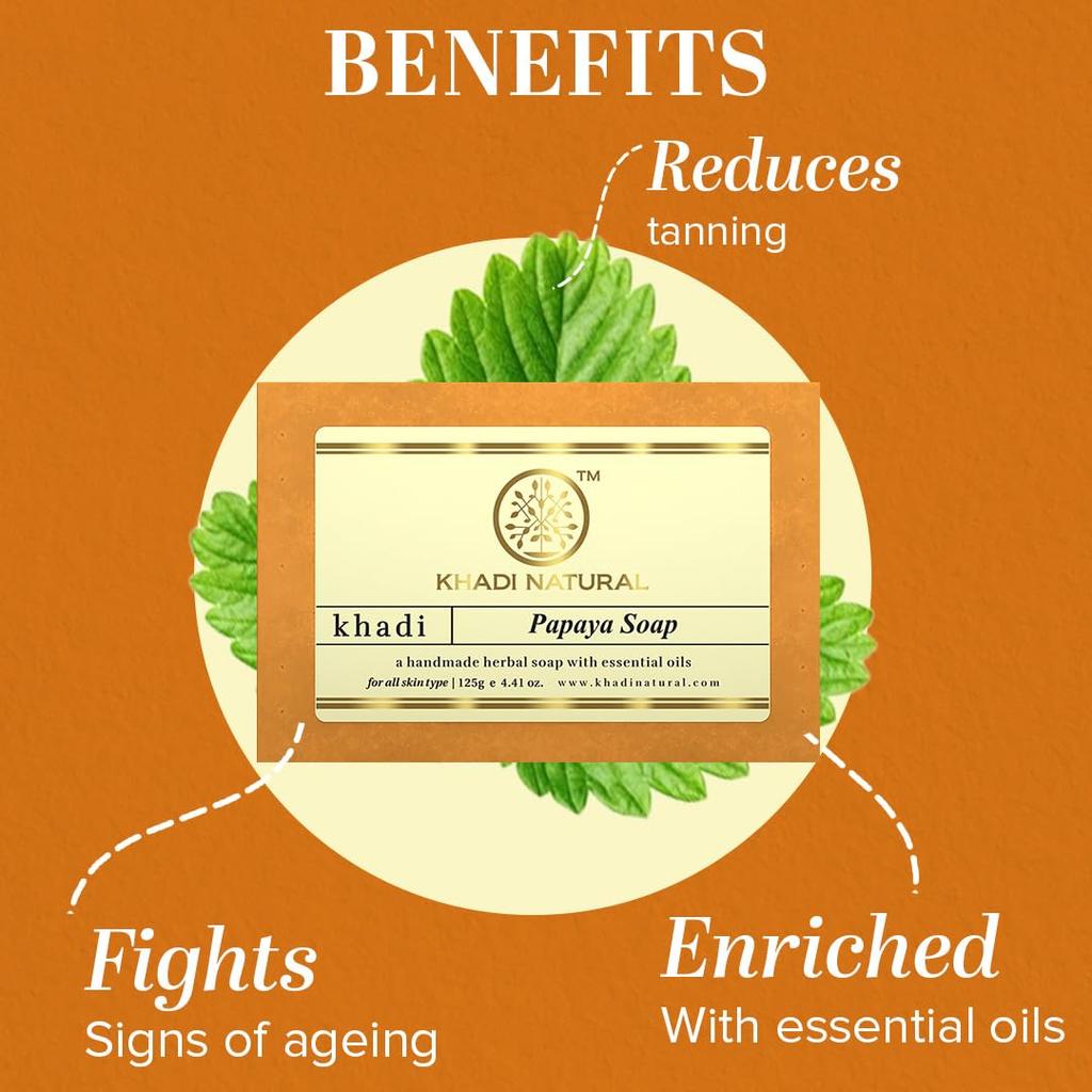 KHADI NATURAL Papaya Handmade Soap For Tan Removal Moisturizing Bath Bar For All Skin Types Pack Of 3 X 125 G Each