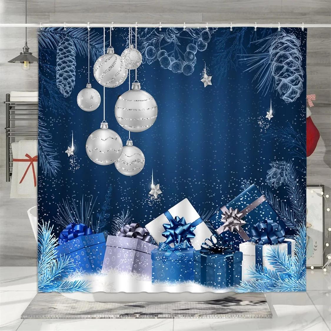 

Christmas Shower Curtain Winter Colourful Balls Pine Needle Gifts Merry Wreath Polyester Bathroom Decor For Washroom Made Of W100*H130(CM)-Rod Pocket&2PCS