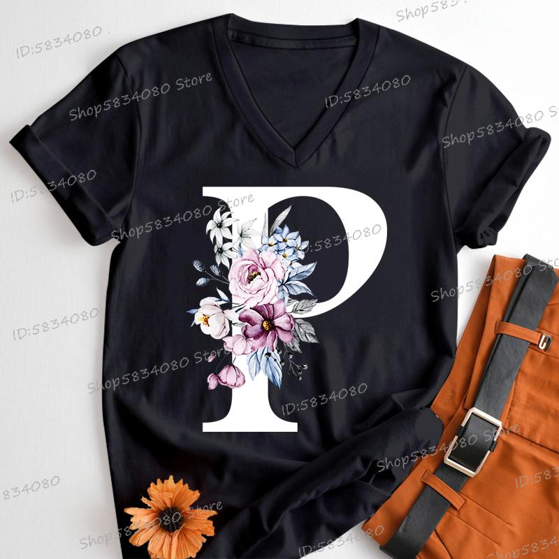 Letter B Floral T Shirts Women English Alphabet Birthday Gift Women 26 Initials Flower Classic Tops Tees Alphabet Floral Tshirt