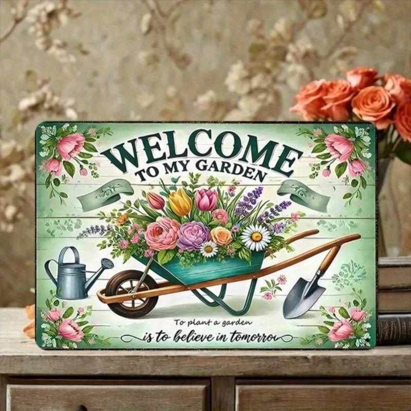 Vintage Welcome To My Garden Metal Wall Art Sign Rustic Farmhouse Yard Decor