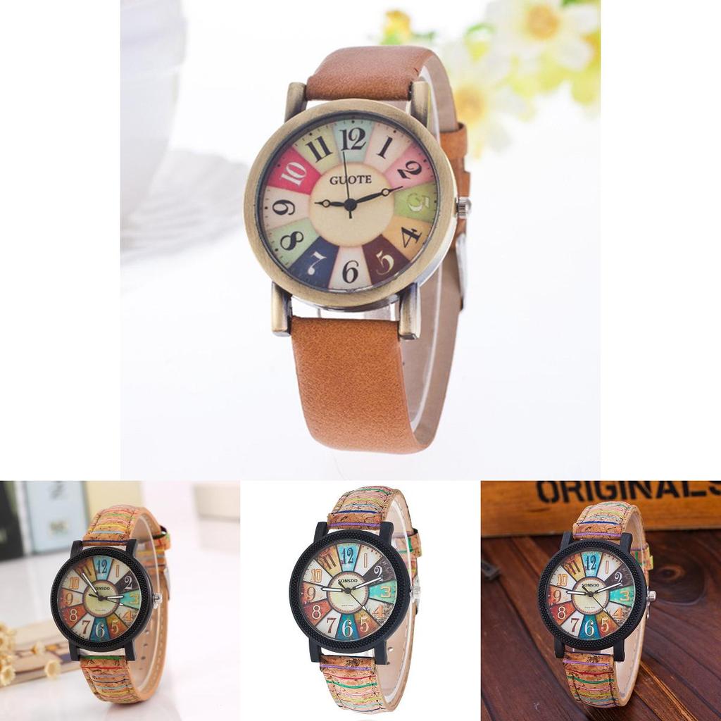 Retro Striped Leather Strap Quartz Watch With Leather Case For Unisex