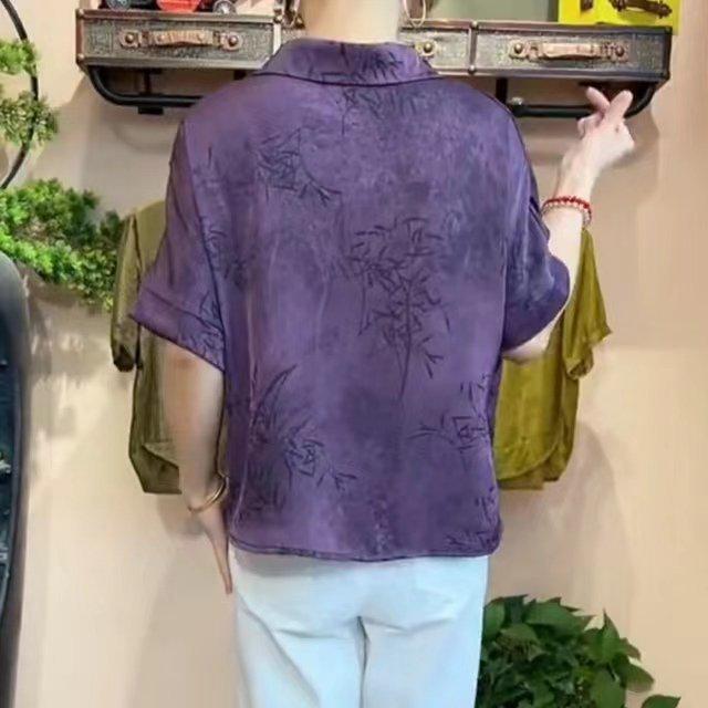 2026 Summer Chic Women's Short-Sleeve Lapel Blouse - Loose, Thin Jacquard Top for Middle-Aged Women