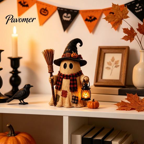 Atmospheric Window Displays Wooden Halloween Figurine with Lantern, Pumpkin Scarecrow Skeleton Mummy Ghost Witch Seasonal Tabletop Accessories Statue,