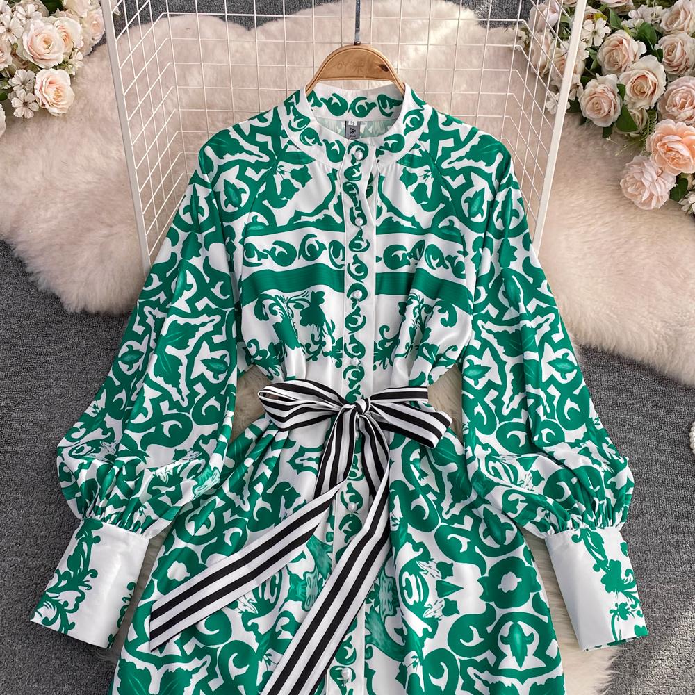 Podzimní móda Bohémský geometrický potisk květin Dlouhé společenské šaty maxi Dámské Popelín Stojánek Límec Lucerna Rukáv Šněrování Šaty na dovolenou