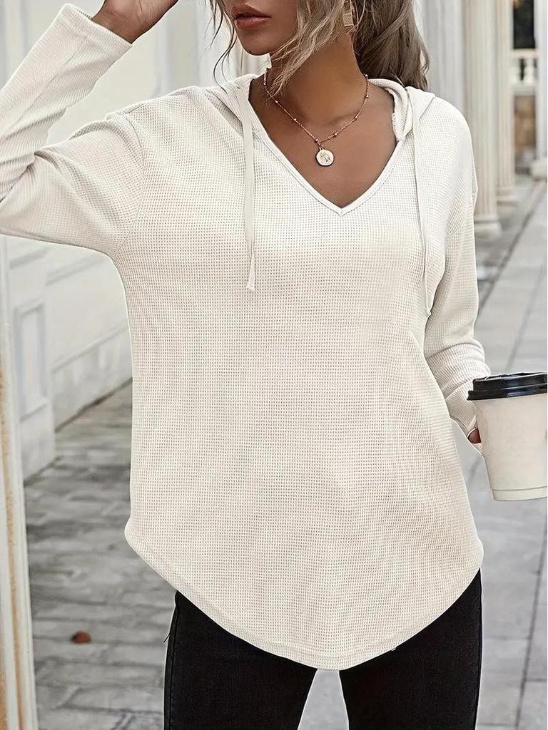 V-neck Loose Hooded Waffle Knit Plus Size Sweatshirt