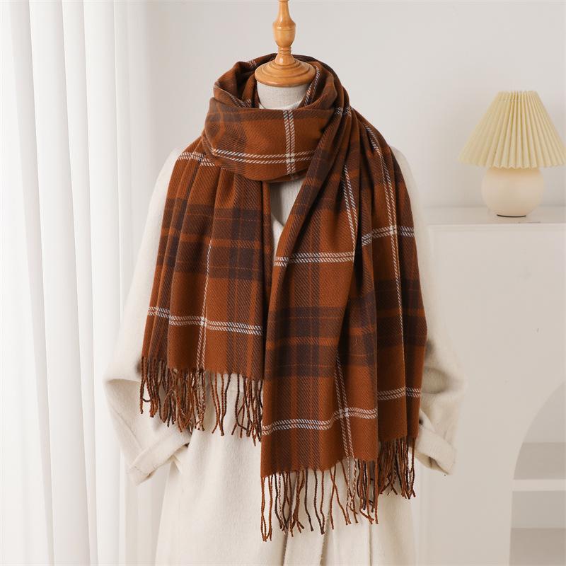 Retro British plaid autumn and winter warm and cold scarf shawl commuting versatile couple fringed imitation cashmere scarf