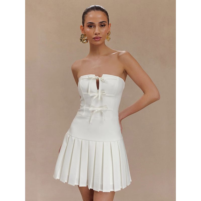 Holiday Princess Meshki Is Extremely Beautiful and Pure. I Want Girlish Style Chest Bows Strapless Dress Slim-Fit Pleated Skirt Dress