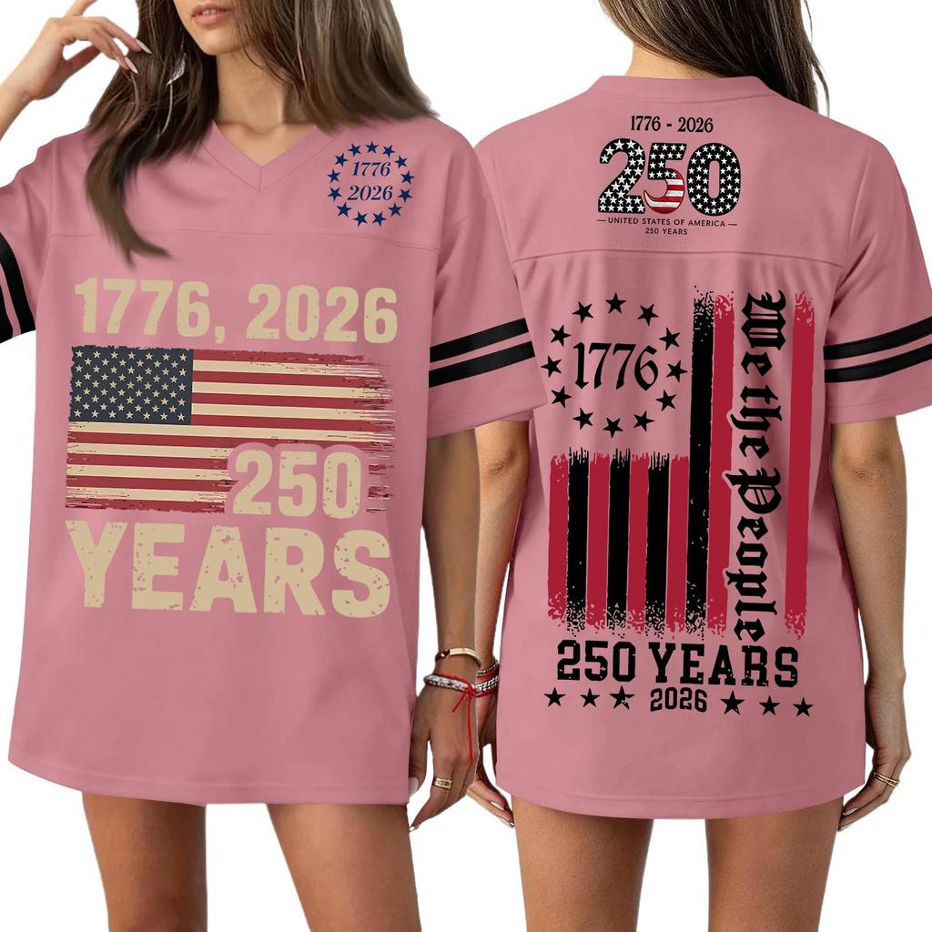 Women's Casual V Neck Jersey Shirt Short Sleeve Athletic Top 250th Anniversary Independence Day Printed T Shirt Loose Fit