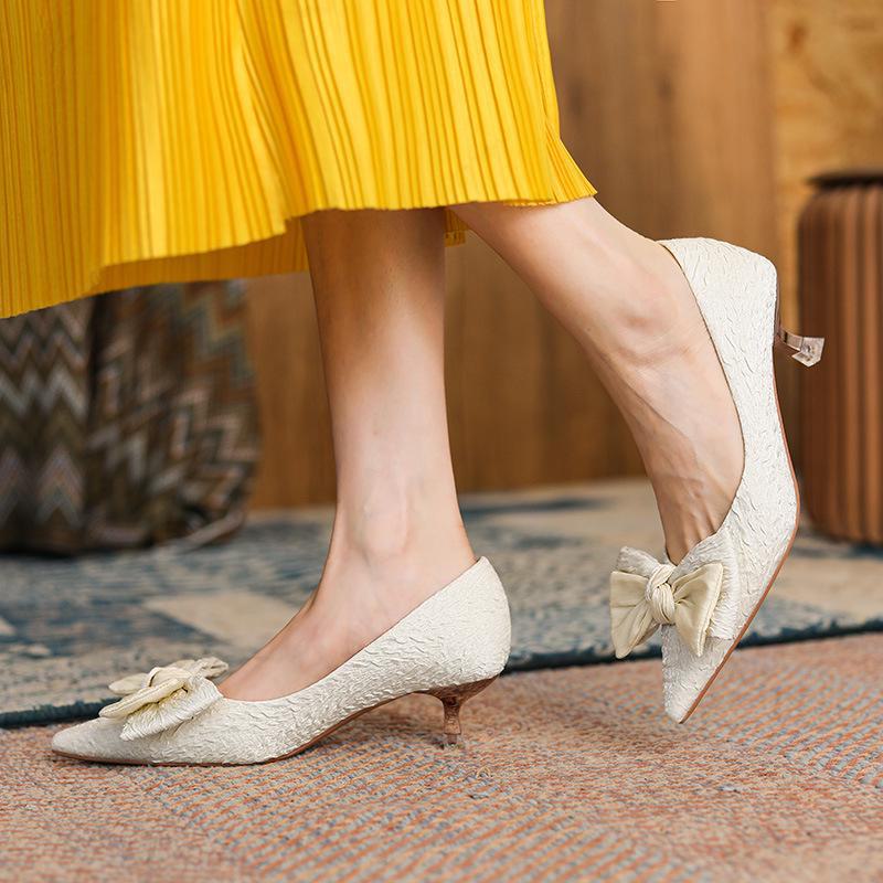 Women's Sheepskin Satin Bow Pointed Stiletto Heels - French Retro, Autumn 2023