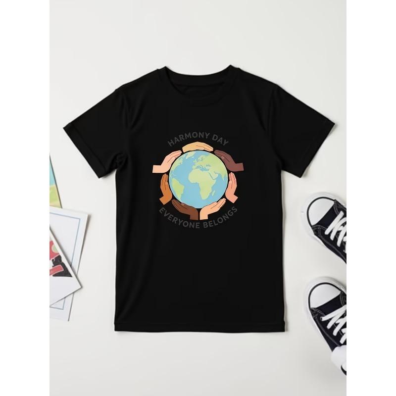 

European sizes Children s Short-Sleeve T-Shirt, Earth Pattern Top for Boys and Girls, Summer Crew Neck Harmony Theme Kids Clothing 164cm чорний