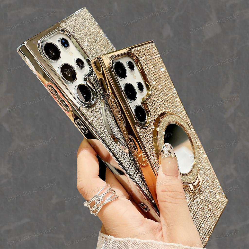 Diamond Glitter Mirror Phone Case For Samsung Galaxy S26 Ultra S23 S24 Ultra S25 Plus Magnetic Ring Stand Protector Cover